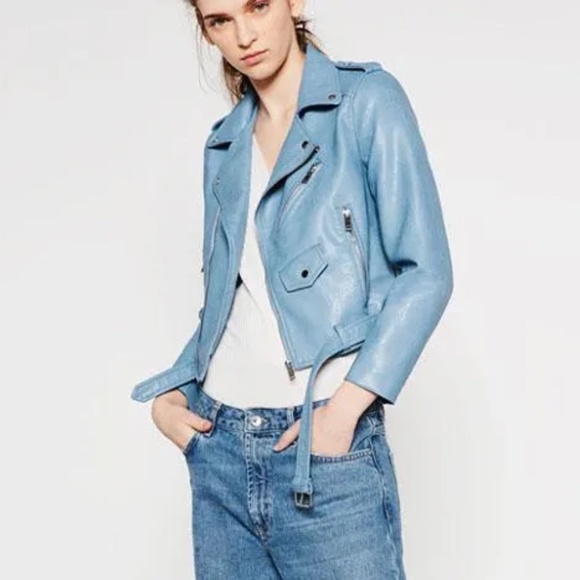 Zara Sky Blue Leather Biker Jacket - Picture 9 of 16